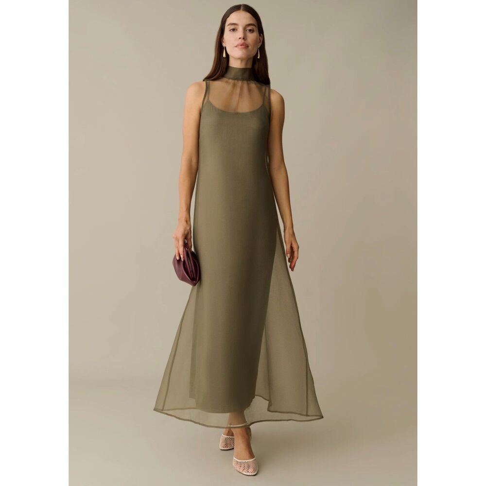 CAARA Alette Moss Grey Organza Overlay Maxi Dress NWT Size M Few Moda